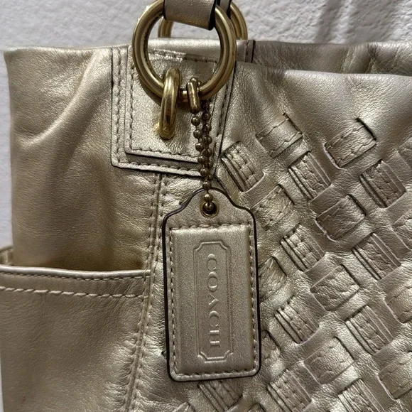 COACH- North South Metallic Woven Leather Gold Leather Shoulder Bag Tote F17099 - Picture 3 of 17